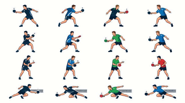 Professional athletes demonstrating table tennis techniques in multi-angle studio sequence with copy space
