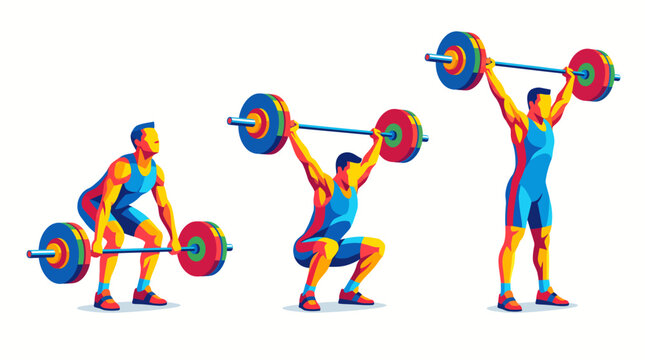 Athletic man demonstrating proper barbell snatch technique in gym setting with vibrant vector illustration style