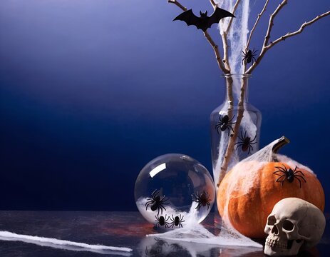 Spooky Decor With Pumpkin And Spider Elements For Halloween Vibes In Darkness