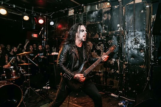 Heavy Metal Guitarist with Corpse Paint Performing Live on Stage at Concert.