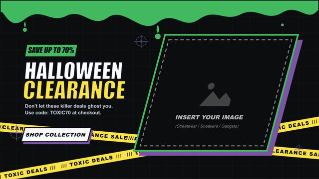 Halloween clearance sale banner slime caution tape modern gritty dark aesthetic design digital marketing social media promo web header template