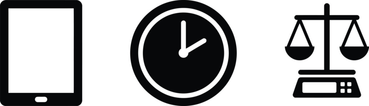 Icons of a tablet, a clock, and a scale