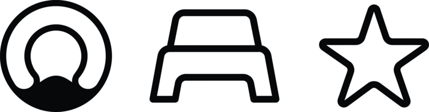 Set of three simple line icons including a circle, a table, and a star