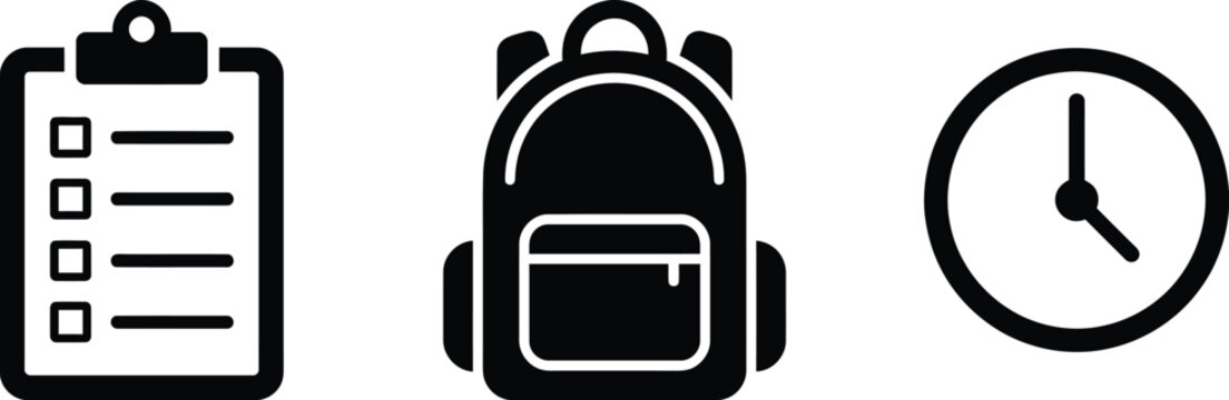 Set of simple black icons representing a checklist, a backpack, and a clock