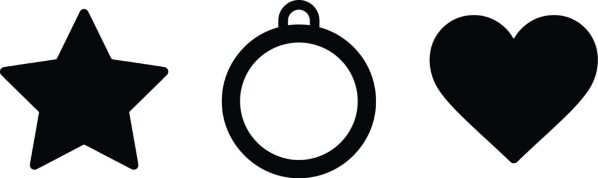 Black silhouette icons of a star, a circular ornament, and a heart