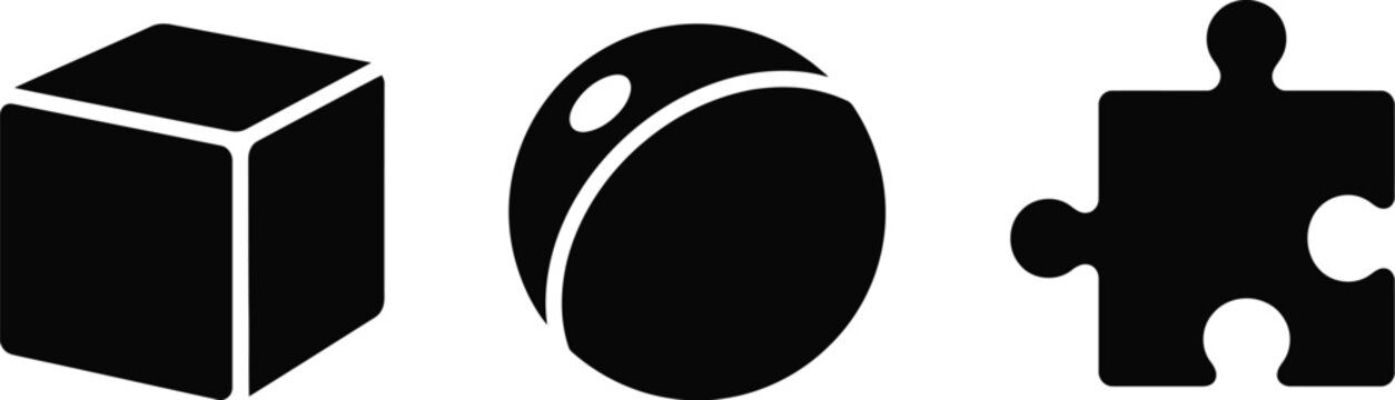 Black icons of a cube, a ball, and a puzzle piece
