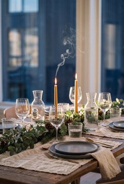 Festive Holiday Dinner Table Setting with Lit Taper Candles, Rising Smoke, Eucalyptus Garland, and Elegant Tableware