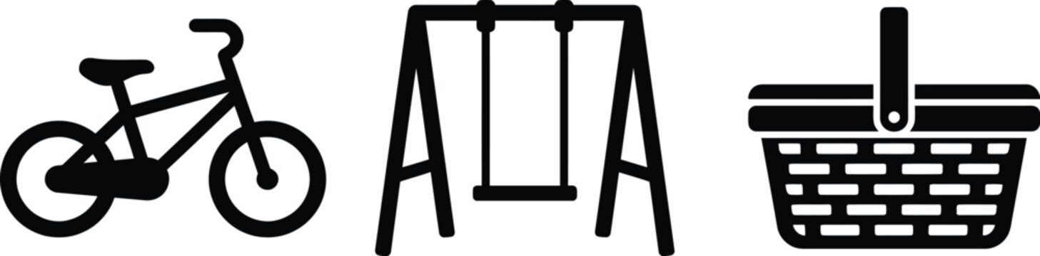 Bicycle, swing set, and picnic basket icons