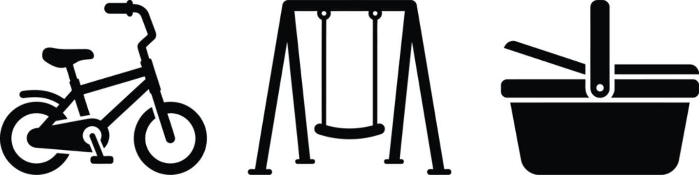 Icons of a bicycle, a swing set, and a picnic basket
