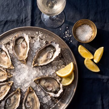 Fresh raw oysters served on crushed ice with lemon slices, coarse sea salt, and a glass of sparkling wine on a dark tablecloth