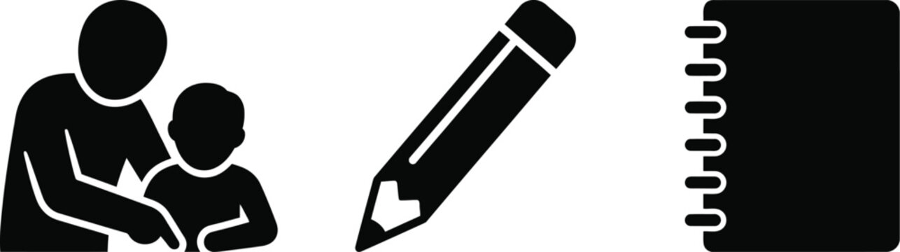 Icons of a teacher with a student, a pencil, and a notebook