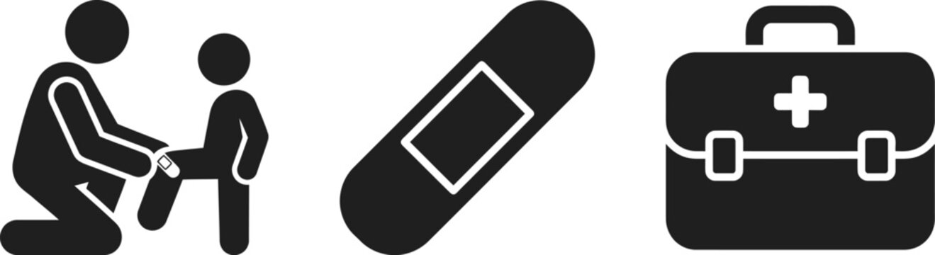 Medical care icons set featuring a person helping a child, a bandage, and a first aid kit