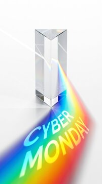 Glass prism refracting rainbow light with cyber monday text on white background for global e-commerce sale concept