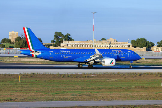 Luqa, Malta - September 16, 2026: ITA Airways Airbus A220-371 (Reg.: EI-TEB), a brand new air-frame, landing as flight AZ884 from Rome Fiumicino (FCO).