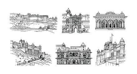 Obraz premium Collection of indian palaces depicted in a detailed line vector illustration