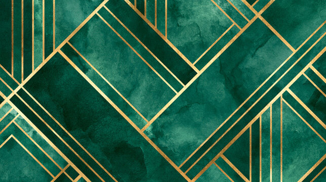 Luxury Art Deco Geometric Background with Emerald Green Watercolor and Gold Foil Lines
