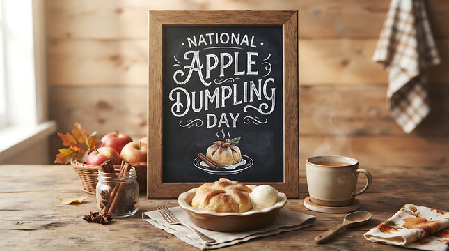 Traditional apple dumpling sign with cup of tea on rustic wooden table for autumnal holiday promotion PNG, 4K, HD Image