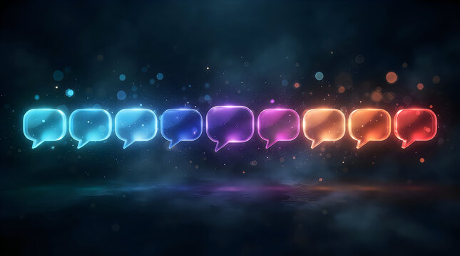 A row of vibrant glowing speech bubbles transitioning from cool blue to warm red colors on a dark background representing digital communication and social networking