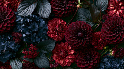 Fototapeta premium Deep Burgundy Dahlia and Dark Blue Hydrangea Flat Lay Background