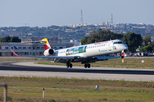 Luqa, Malta - September 16, 2026: Iberia Regional (Air Nostrum) Bombardier CRJ-1000ER NG (CL-600-2E25) (REG: EC-MSL) arriving from Paris (CDG) as flight YW8342.