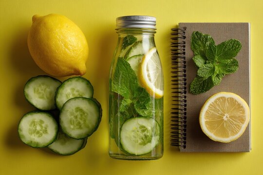 Refreshing infused water with lemon, cucumber, and mint arranged as a natural wellness concept