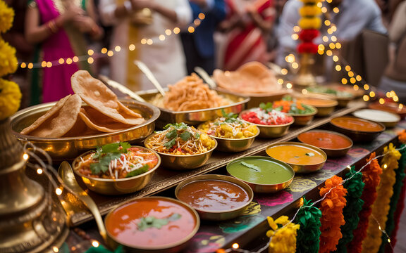 Vibrant Indian Wedding Street Food Chaat Counter with Pani Puri, Bhel Puri, Sev Puri, Dahi Puri, Colorful Chutneys, Fresh Mint and Festive Marigold Decorations
