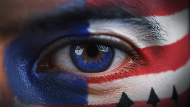 Extreme macro photorealistic footage of a fictional adult male rugby player's eye, deep blue iris with USA flag paint
