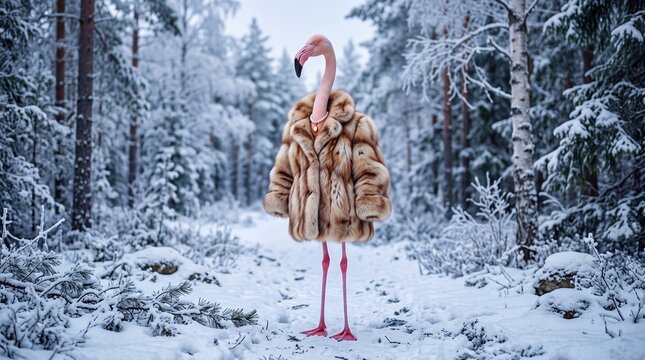 Surreal pink flamingo wearing a cozy brown fur coat standing in a wintery snowy forest landscape