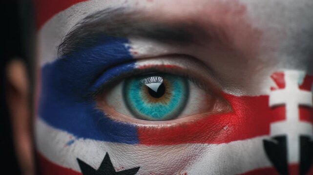 Extreme macro photorealistic footage of a fictional adult male rugby player's eye, vibrant cyan iris with patriotic face paint