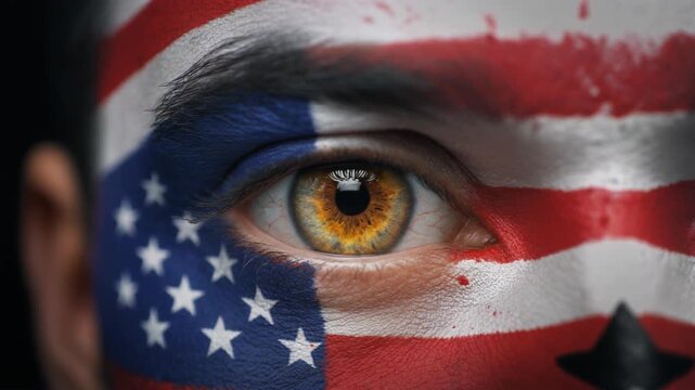 Extreme macro photorealistic footage of a fictional adult male rugby player's eye, painted with USA colors