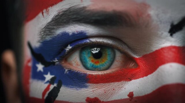 Extreme macro photorealistic footage of a fictional adult male rugby player's eye, patriotic face paint