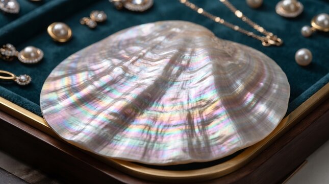A large iridescent seashell resting on a dark teal velvet jewelry display tray surrounded by various pearl earrings and gold necklaces in a store