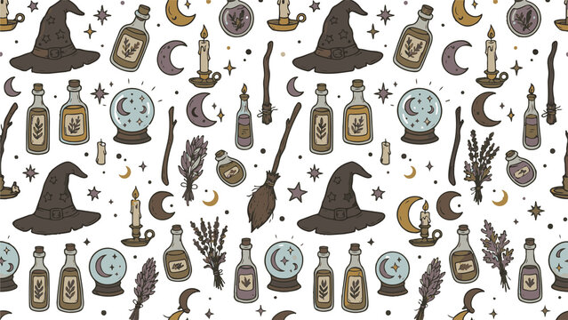 Seamless witch magic pattern with hats, potions, and crystal balls