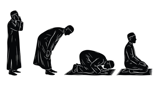 Vector illustration depicting four men performing islamic prayer on rugs