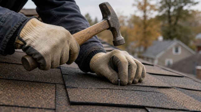 A person wearing gloves is hammering a nail into asphalt shingles on a rooftop during a roofing project.