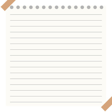 A single sheet of lined paper with tape corners on an isolated white background transparent background
