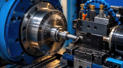 Fototapeta premium Precision CNC lathe machine shaping a metal cylindrical component in an industrial setting.