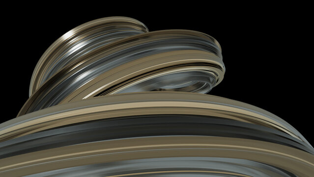Curvilinear metal and glass ribbon array. Abstract metallic gold and glass ribbons form a dynamic wave structure with smooth bends and layered depth. 