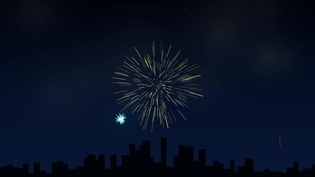 Cinematic fireworks show animation with dynamic particles and gradient background.