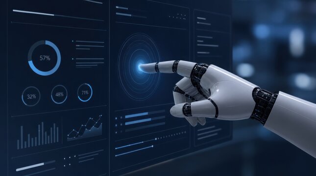 A robotic hand interacts with a futuristic digital interface displaying charts and data analytics in a high-tech environment.