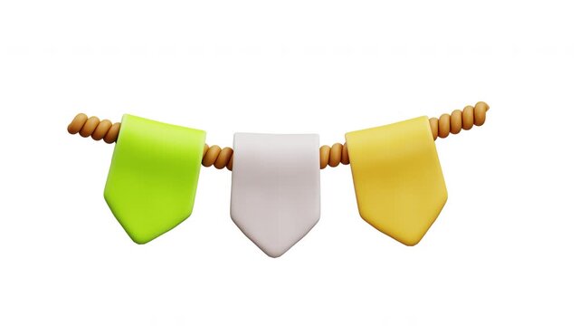 3d animation colorful bunting flags garland on rope festive decoration isolated white background