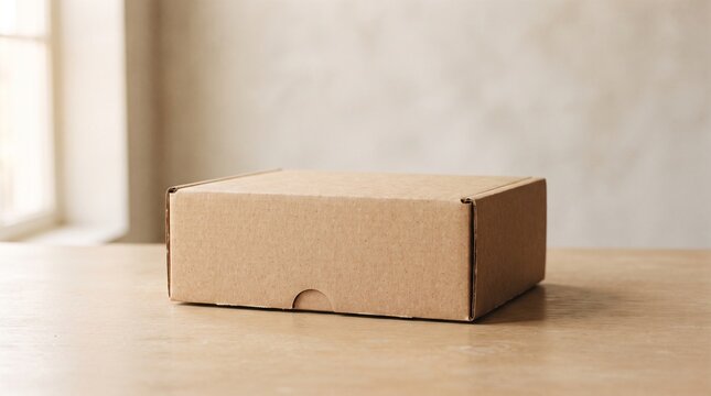 Cardboard box on a wooden table, representing delivery, shipping, and packaging concepts