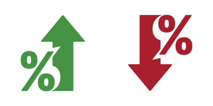 Percentage increase and decrease arrows, green upward and red downward symbols representing growth