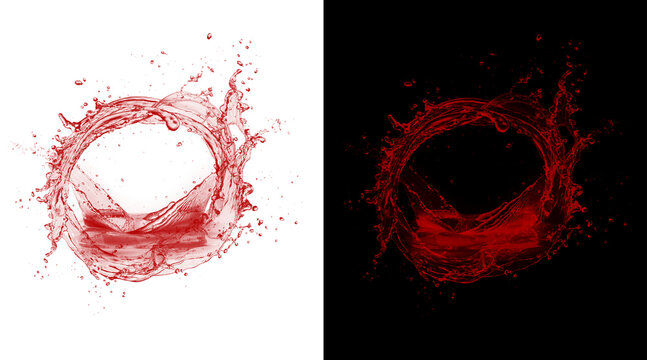 Red liquid splash circle set on white and black background, dynamic wine or juice water crown, swirling crimson fluid droplets for beverage advertising
