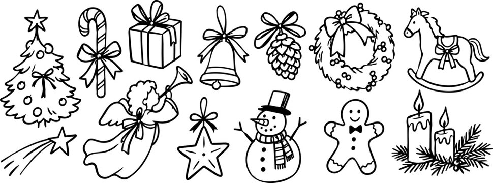 Hand drawn Christmas icon collection with tree, candy cane, gift, bell, wreath, snowman and festive decorations in black outline doodle style