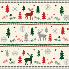 Christmas pattern illustration with reindeer pine trees and snowflakes © Sengphachan