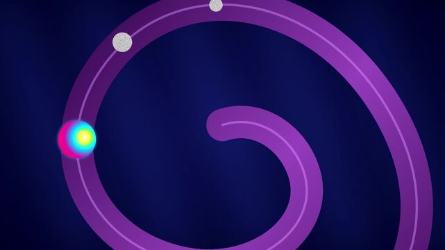 Animated glowing spheres moving along a purple spiral path 4K