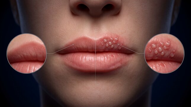 Close-up of a person's lips showing a cold sore outbreak, with insets comparing healthy lips to the blistered area.