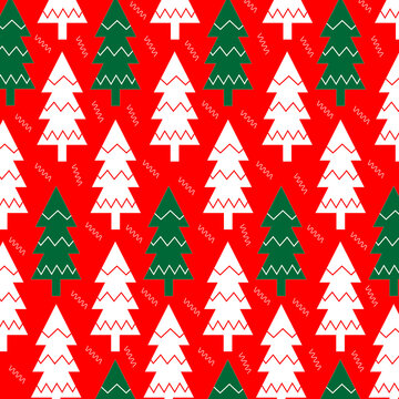 Christmas pattern illustration with red background and green and white pine trees