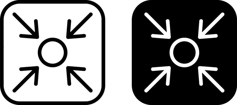 Minimize icon set with arrows pointing to a center circle in black and white